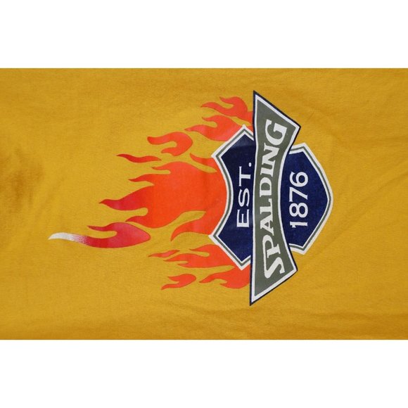 Vtg 90s Spalding Mens Large Spell Out Fire Flames Short Sleeve T-Shirt Yellow - Picture 4 of 12